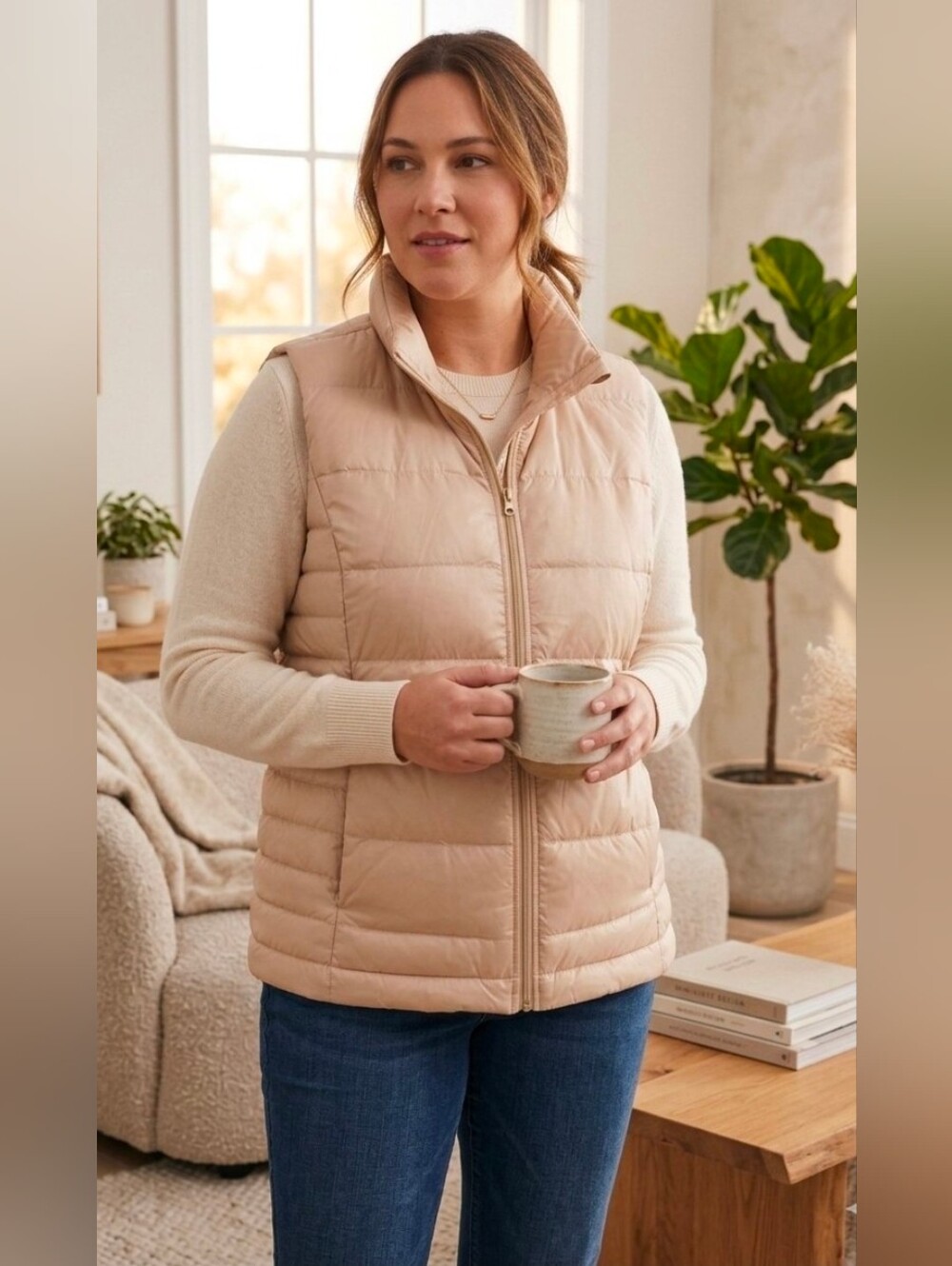 Lands' End Women's Down Quilted Puffer Vest Beige - Size L